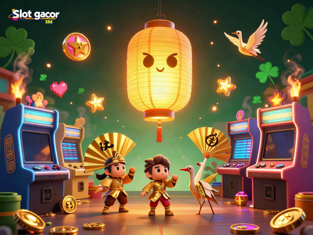 Engage in thrilling action with slot gacor malma ini, highlighted by a glowing golden lantern spirit and colorful arcade elements.