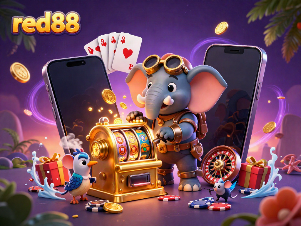 Spin the reels with red88 in a vibrant 3D casino illustration featuring steampunk characters and exciting game elements.