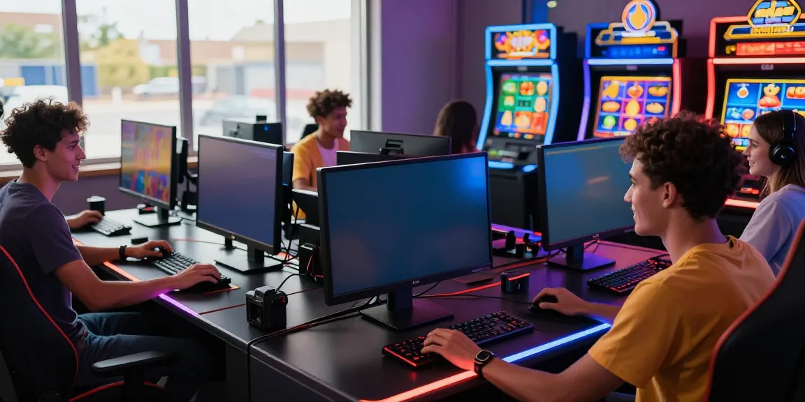 Engaged players enjoying slot games at https://da88z.net/, vibrant gaming atmosphere, diverse friends, modern setup.