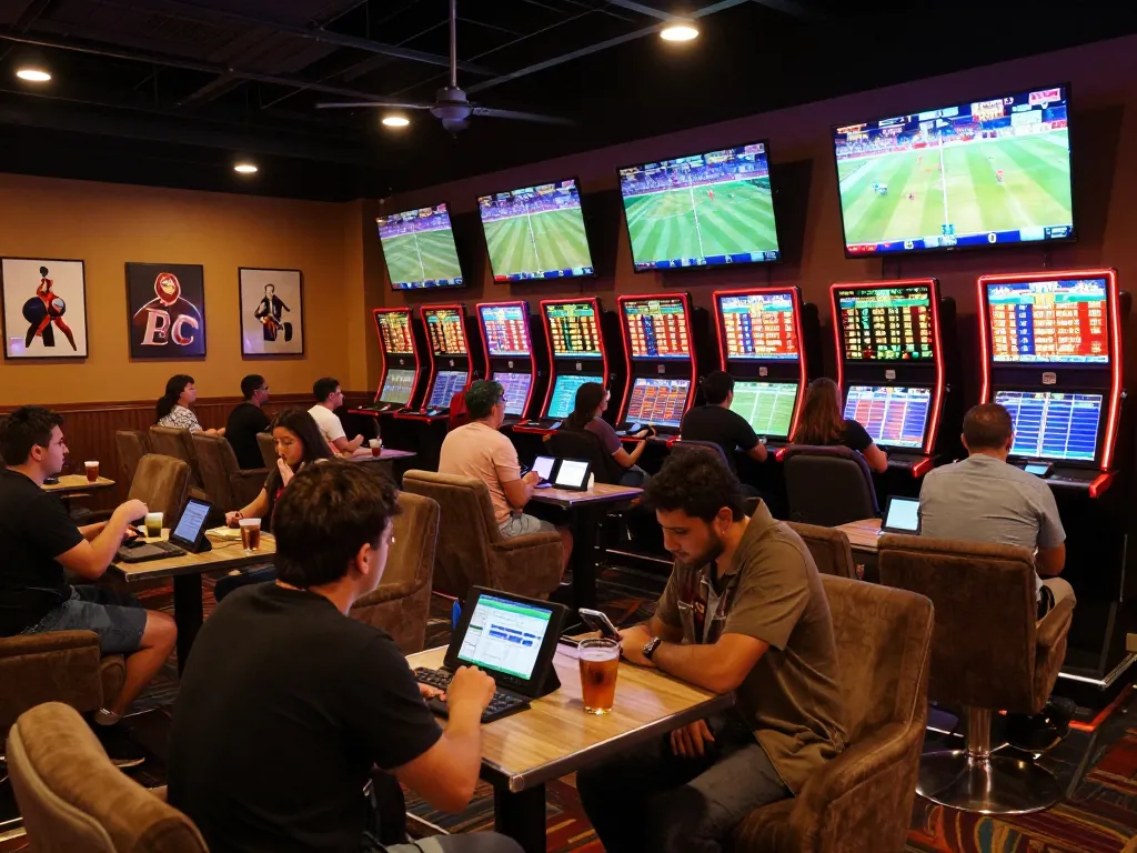 Engaged bettors analyzing kèo nhà cái odds while watching live sports in a upscale lounge