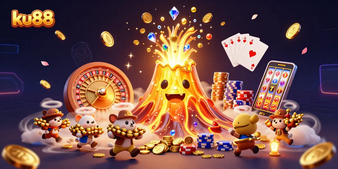 Experience the thrill of ku88 with a vibrant 3D illustration of a golden volcano erupting treasures.