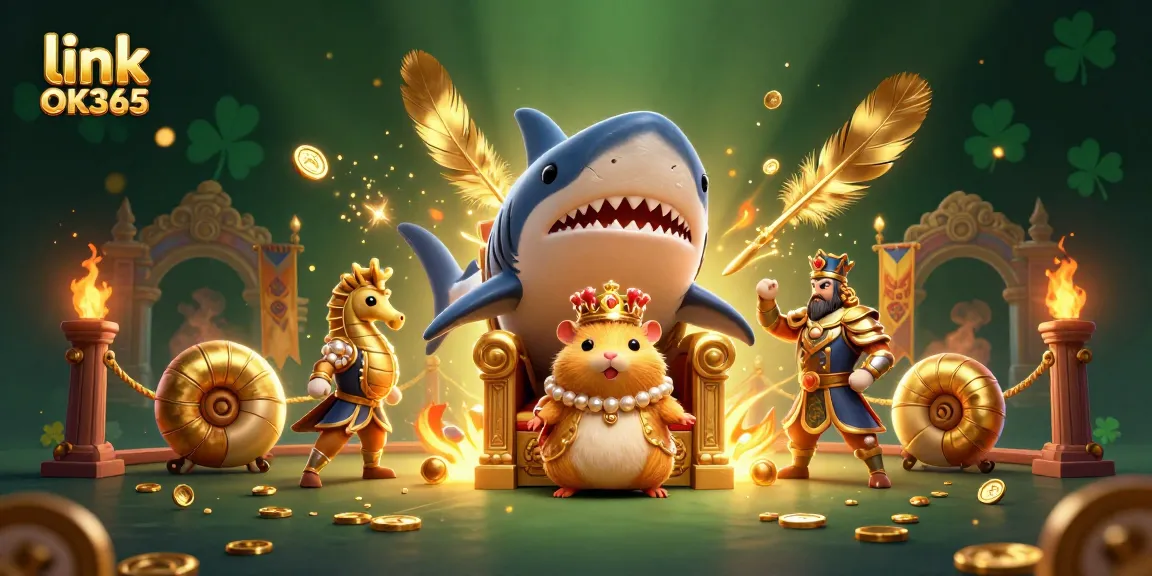 Engage with link OK365 for thrilling casino experiences featuring a golden hamster king and seahorse guards.