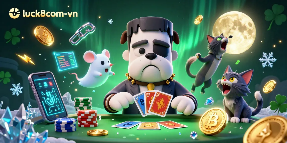Engage with luck8com-vn in a thrilling casino scene featuring a Frankenstein bulldog dealing cards.