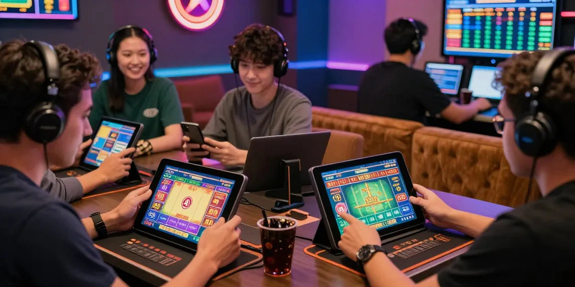 Dynamic scene of players enjoying Bandar Togel 4D Resmi Togel88 online gambling with vibrant game interfaces and excitement.