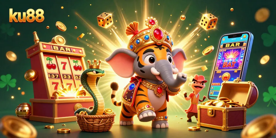 Try your luck with ku88's vibrant gameplay featuring a jeweled elephant and a jackpot explosion!