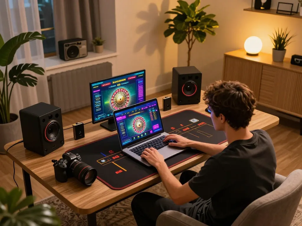 Player engaging with lively rr88 roulette game on a laptop in a cozy home setup.