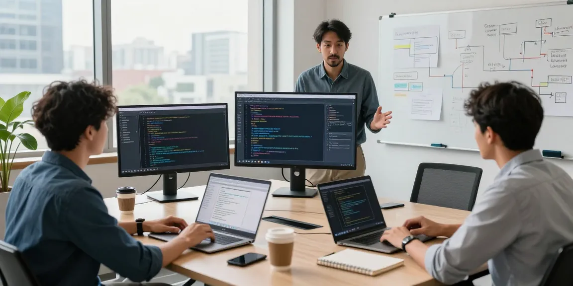 Team collaborating to build internal tools with AI in a modern workspace