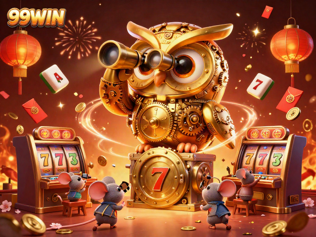 Engage with thrilling 99WIN casino excitement featuring a clockwork owl and festive elements.