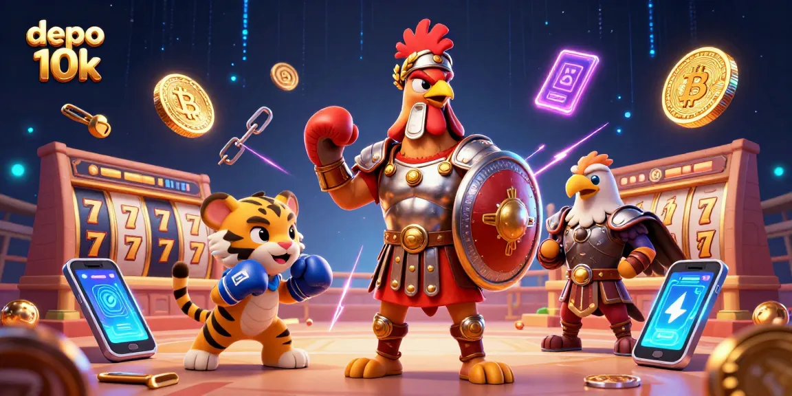Play exciting slots with depo 10k at this vibrant online casino, featuring dynamic game elements and characters.