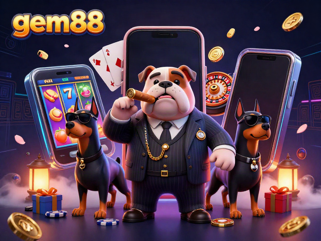 Experience thrilling gameplay with gem88's diverse casino offerings featuring a mafia dog boss and bodyguard Dobermans.