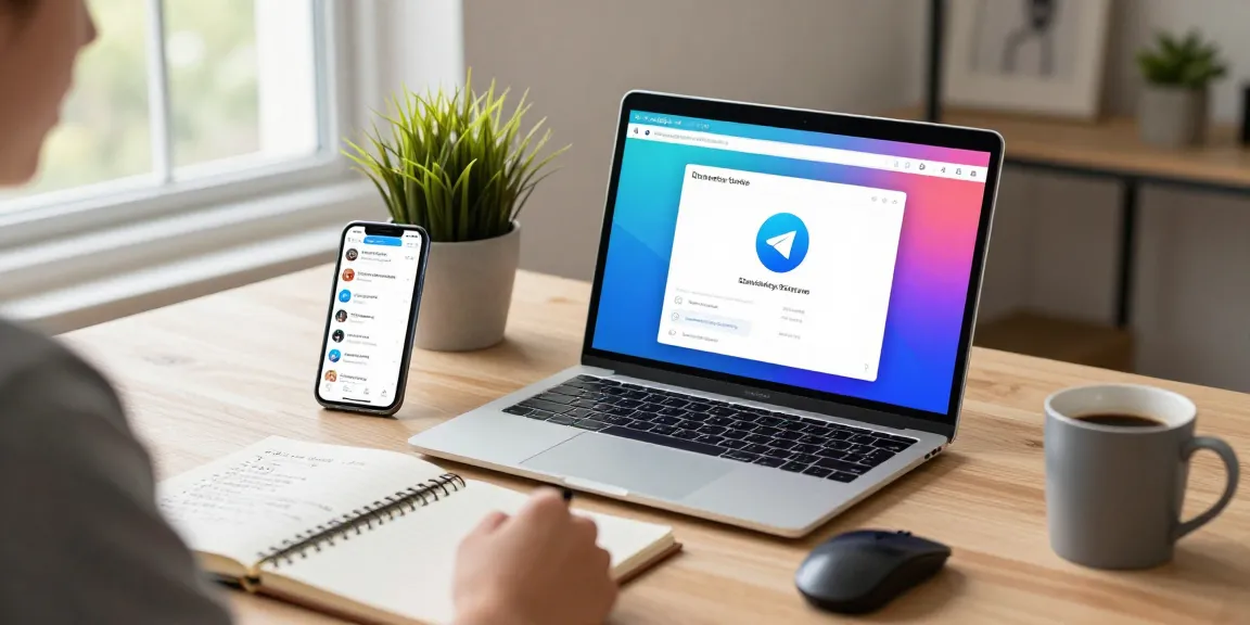 Downloading Telegram下载 in a modern home office with vibrant tech setup.