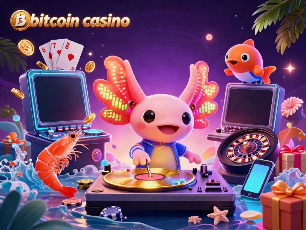 Experience the lively bitcoin casino scene with a neon axolotl DJ, dancing shrimp, and poker elements.