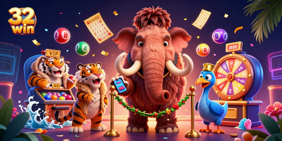 Engaging 32win casino scene featuring a woolly mammoth bouncer checking IDs, vibrant Lottery balls and a prize wheel.