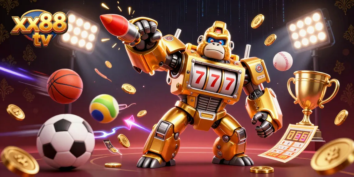 Experience dynamic gaming action with xx88 tv featuring a golden gorilla mech amidst a flurry of sports and casino elements.