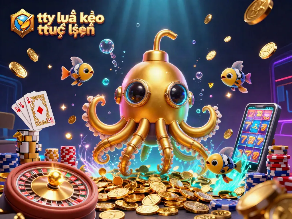 Engage with tỷ lệ kèo trực tuyến in this vibrant 3D scene of a golden kraken submarine amidst riches.