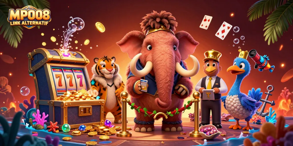 Experience thrilling gameplay with MPO08 LINK ALTERNATIF amid dynamic casino elements and vibrant characters.