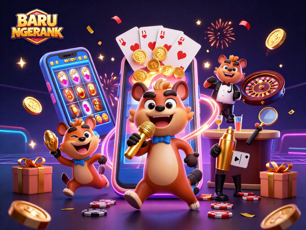 Experience the thrill of BARU NGERANK as hyenas entertain in a lively casino scene filled with vibrant slot games.