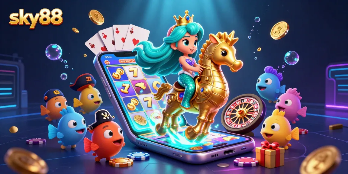 Join the excitement of sky88 with a princess, seahorse, and colorful slot game elements!
