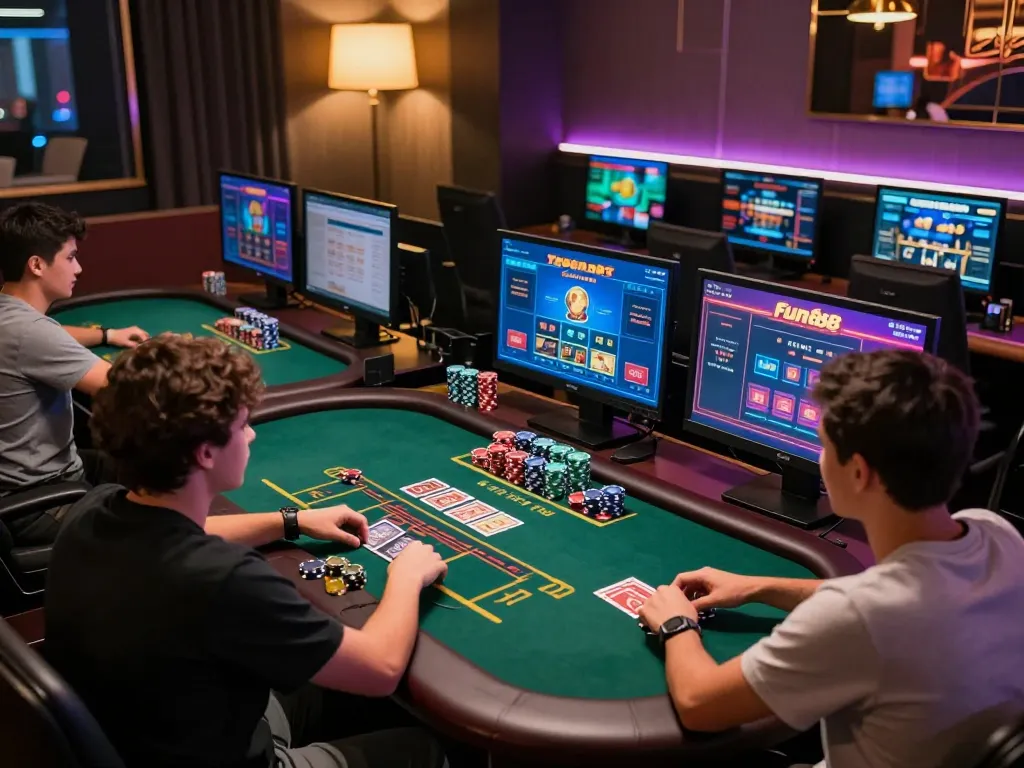 Players enjoying a live dealer game at Fun88, showcasing online gaming excitement with chips and cards.