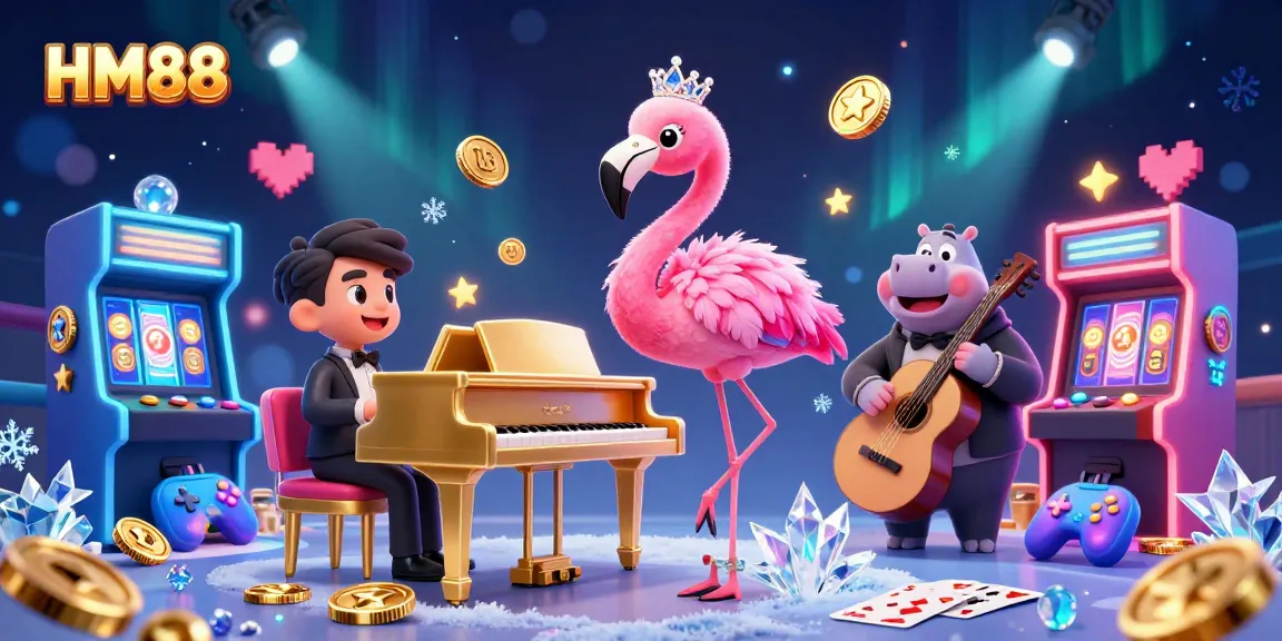 Engage with the thrilling world of gambling at HM88, featuring a vibrant scene of cartoon characters in a lively casino atmosphere.
