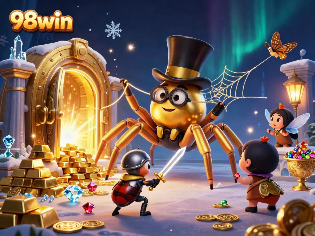 Courageous beetle knight approaches the 98win treasure web created by a golden tarantula in a dynamic casino scene.
