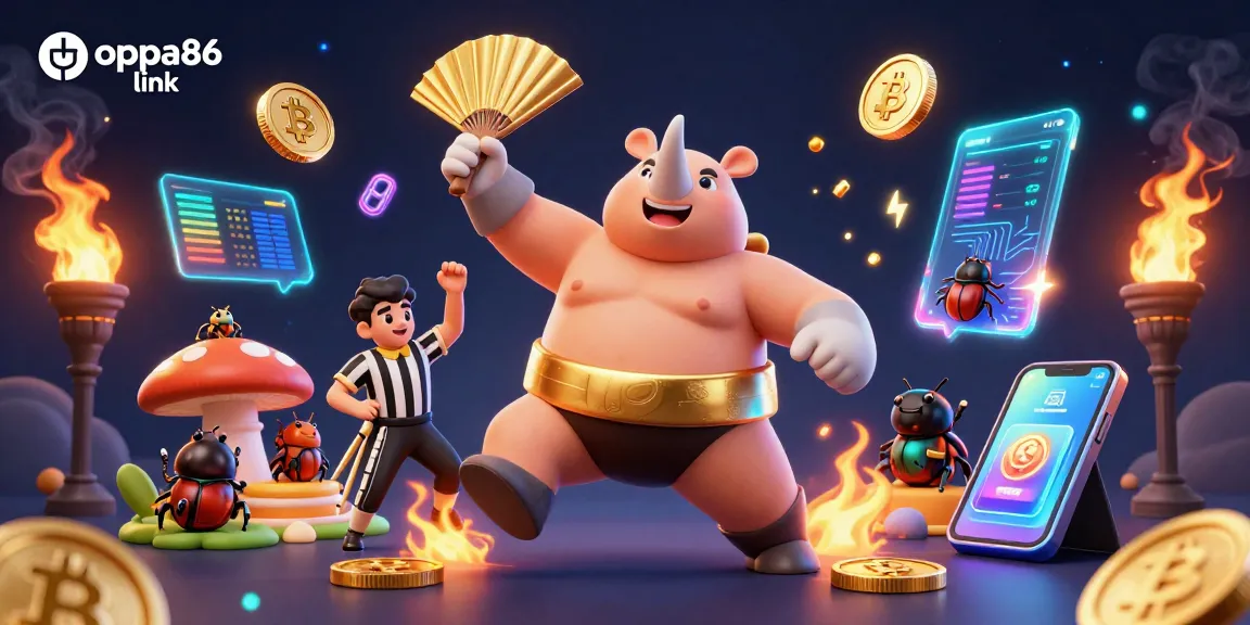 Experience the thrill of oppa86 link with a dynamic casino scene featuring cartoon characters and crypto elements.