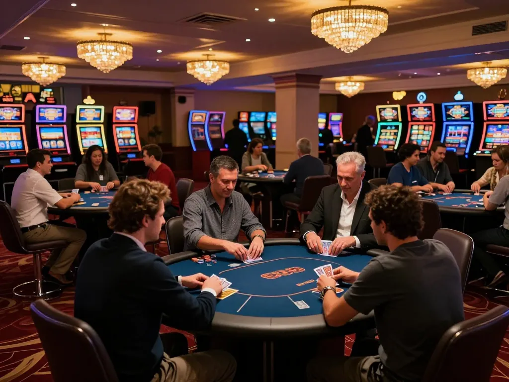 Players enjoying a thrilling poker game at 58wiin casino, ambiance rich with excitement and vibrant decor.