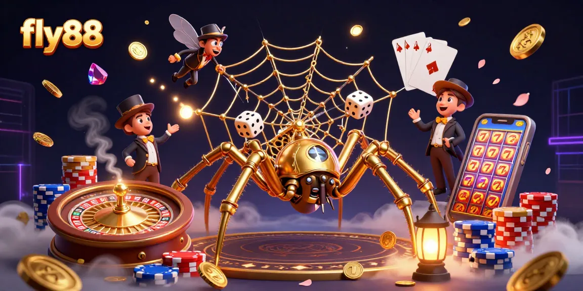 Fly88 features a 3D spider and gentlemen amid cascading gold coins and a roulette wheel.
