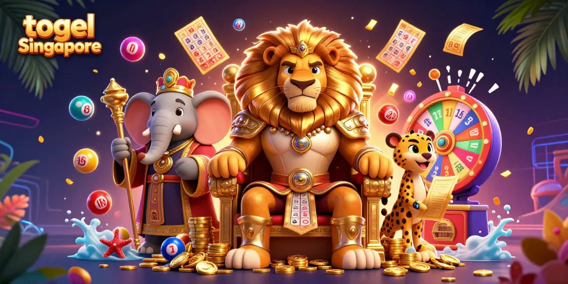 Togol Singapore lottery action scene with a lion king and vibrant lottery elements in a rich, dynamic composition.