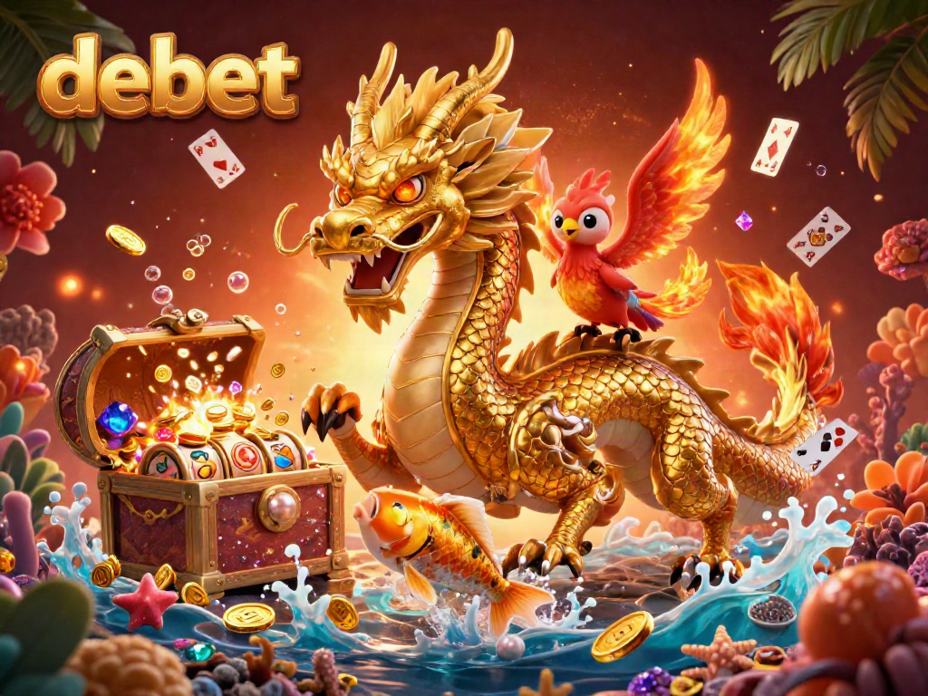 Experience the excitement at Debet with a vibrant 3D illustration of a dragon, phoenix, and koi fish surrounded by casino elements.