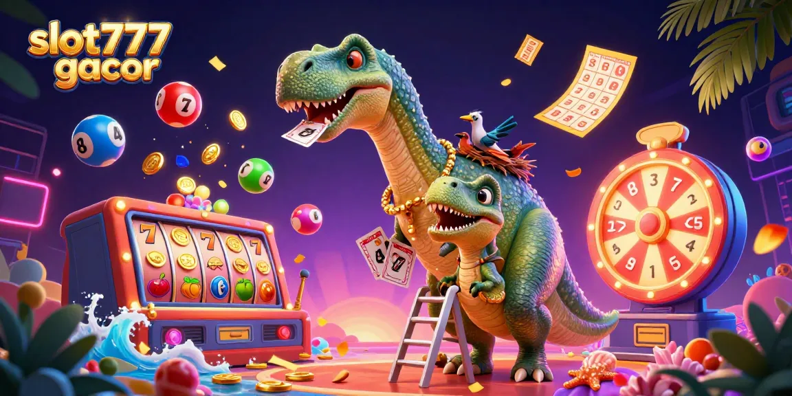 Experience the excitement of slot777 gacor with vibrant casino illustrations, showcasing dynamic slot reels and lively characters.