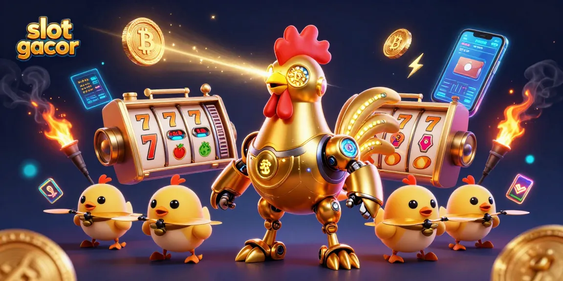 Engage with slot gacor and win big playing dynamic slots featuring a golden rooster robot in a colorful casino world.