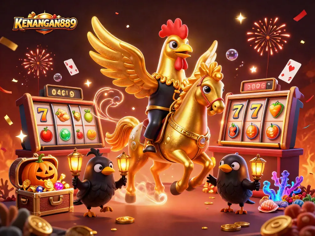 Join KENANGAN889 in a vibrant casino world with a golden rooster and treasure-filled adventures.