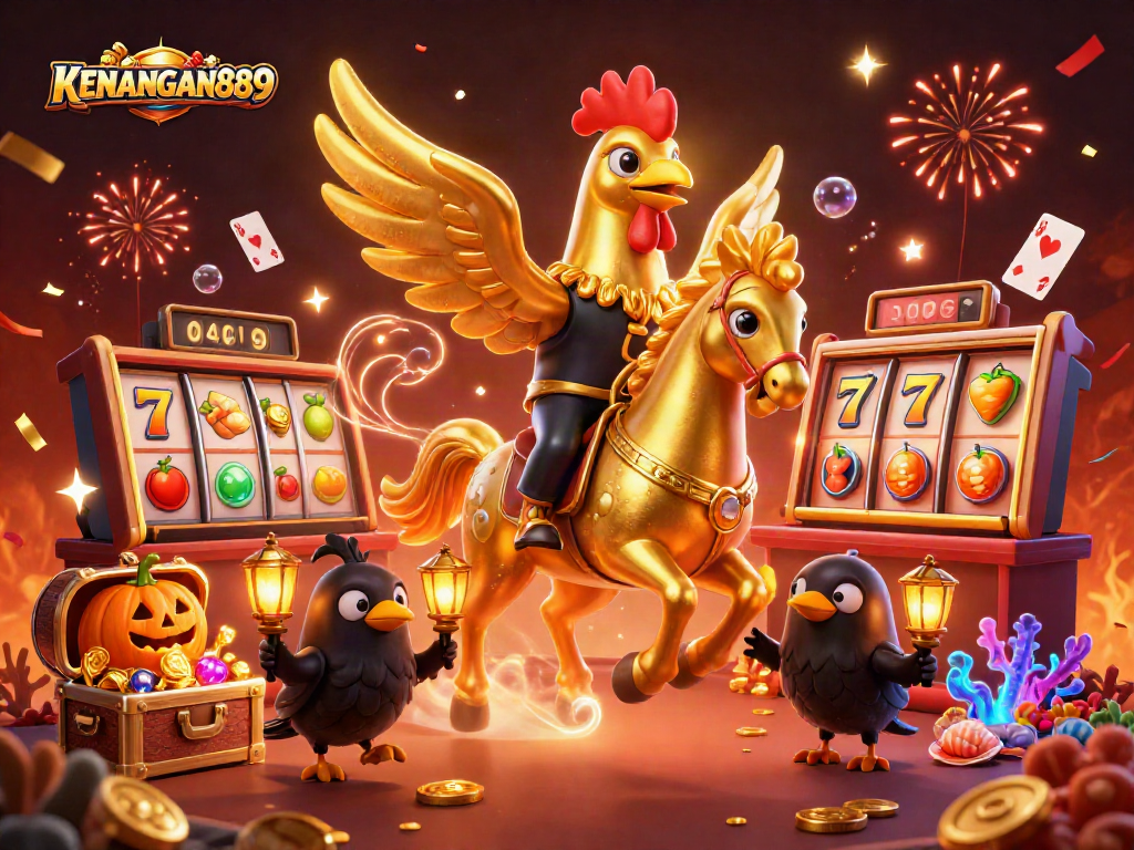 Join KENANGAN889 in a vibrant casino world with a golden rooster and treasure-filled adventures.