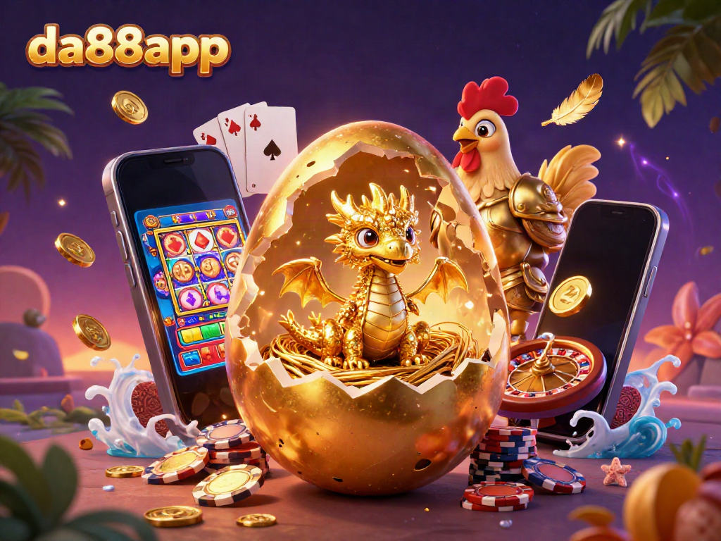 Engage with dynamic da88app casino gaming, featuring a golden dragon and poker chips amidst exciting slot game elements.