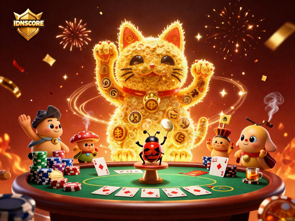 Experience thrilling gameplay with IDNSCORE's lucky cat symbol surrounded by poker elements and festive atmosphere.