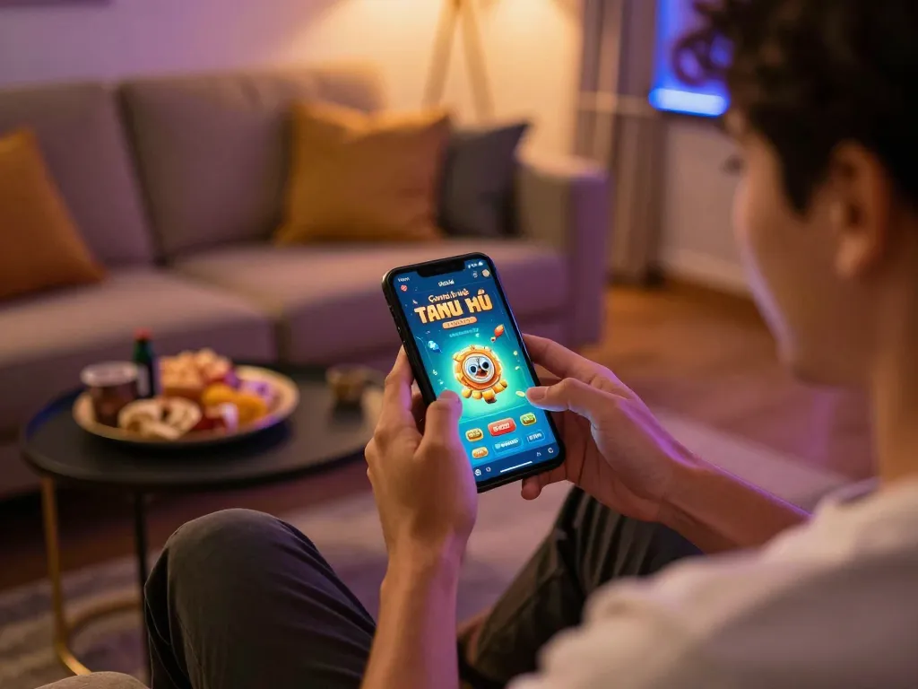 Engaging with Game bài nổ hũ app on mobile in a cozy home setting, showcasing responsible gaming enjoyment.
