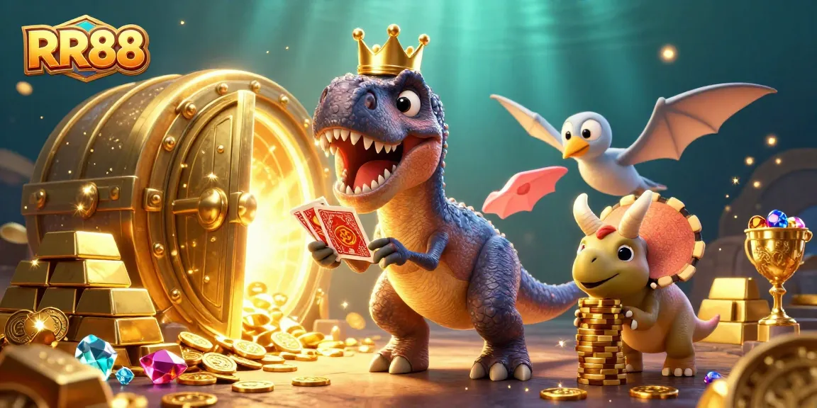 RR88 adventure where a T-Rex shuffles cards while riches burst from a golden vault.