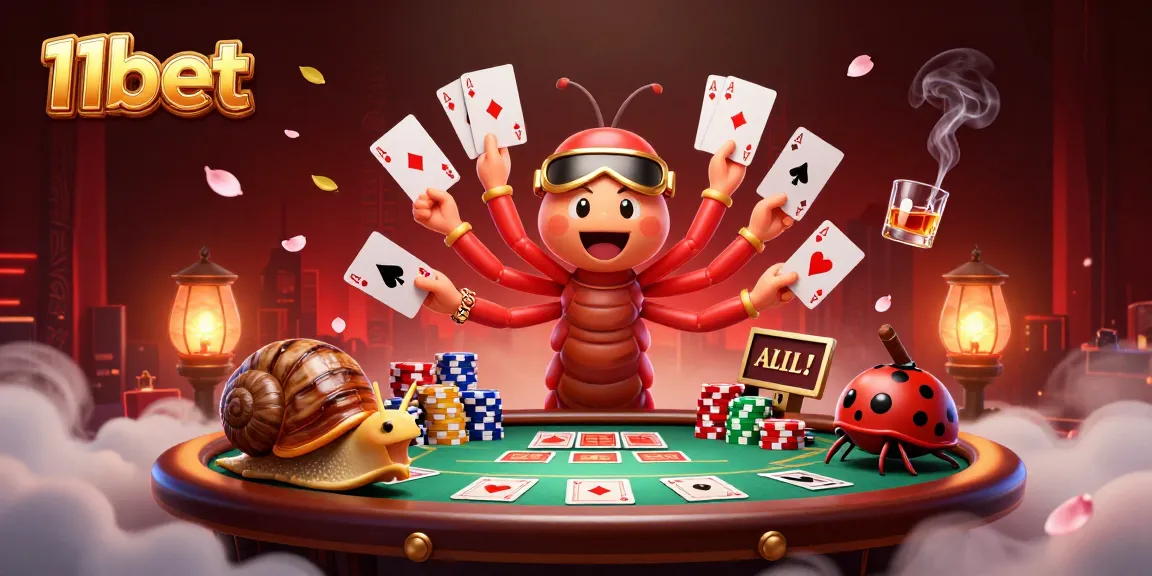 Engage in the excitement of 11bet with vibrant casino elements and a lively dealer character.