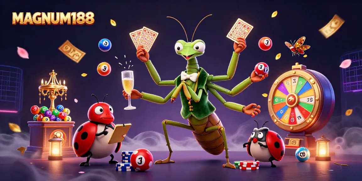 Experience MAGNUM188 with a dynamic scene of a giant mantis card sharp dealing cards amidst a colorful gambling backdrop.