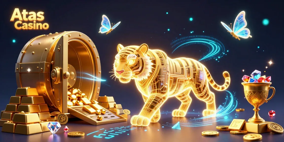 Experience thrilling gaming at Atas Casino with a vibrant digital illustration showcasing energetic elements and a golden tiger.