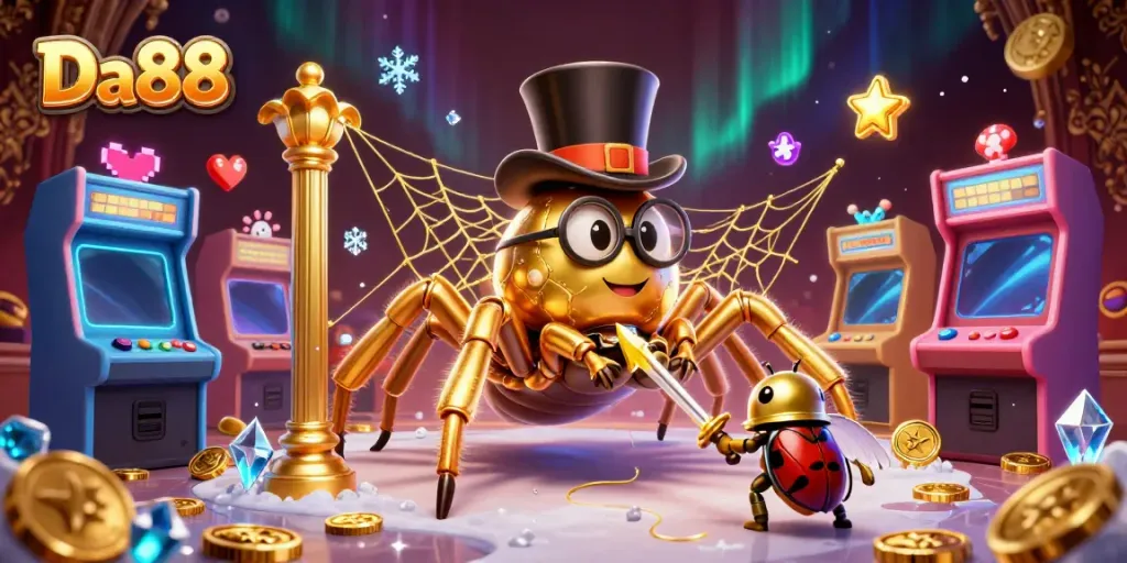 Engage with Da88's vibrant online casino experience featuring its golden tarantula mascot in a rich arcade setting.