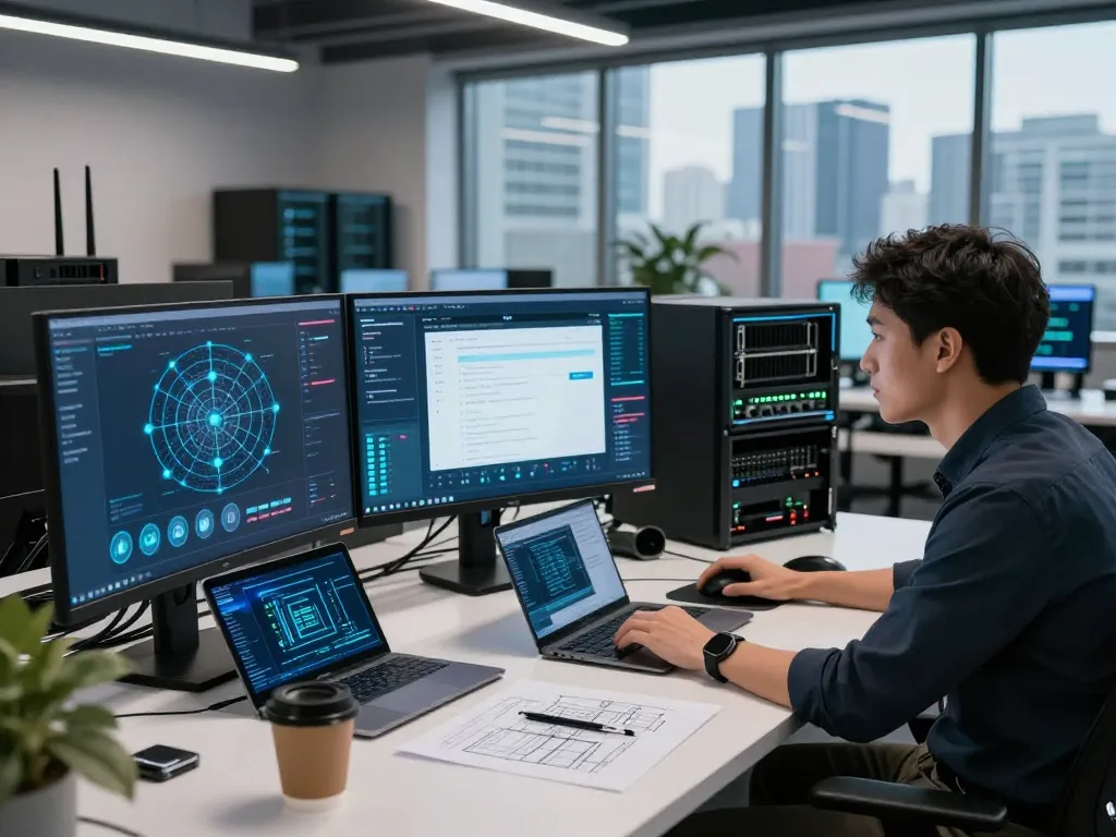 活跃的网络工程师在现代科技办公室中优化快连官网 VPN应用程序的设置。