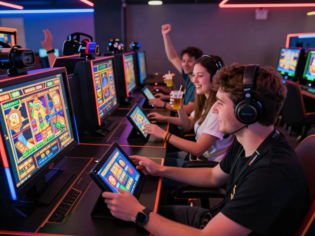 Players enjoying the bro138 slot games in a vibrant gaming lounge atmosphere, celebrating wins on multiple devices.