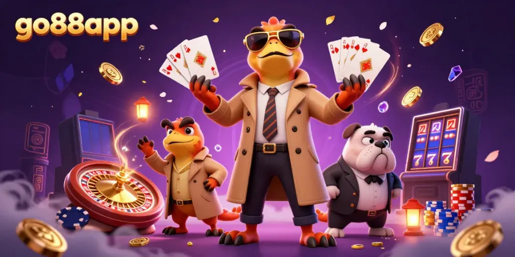 Watch the humorous scene with three raptors in a trench coat attempting to fool a bulldog bouncer at the go88app casino.