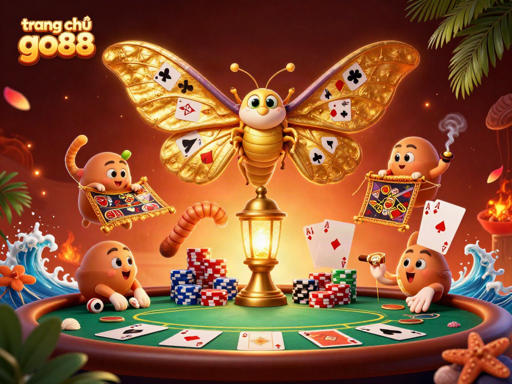 Experience the vibrant scene of trang chủ go88 with a stunning golden moth and dynamic casino elements