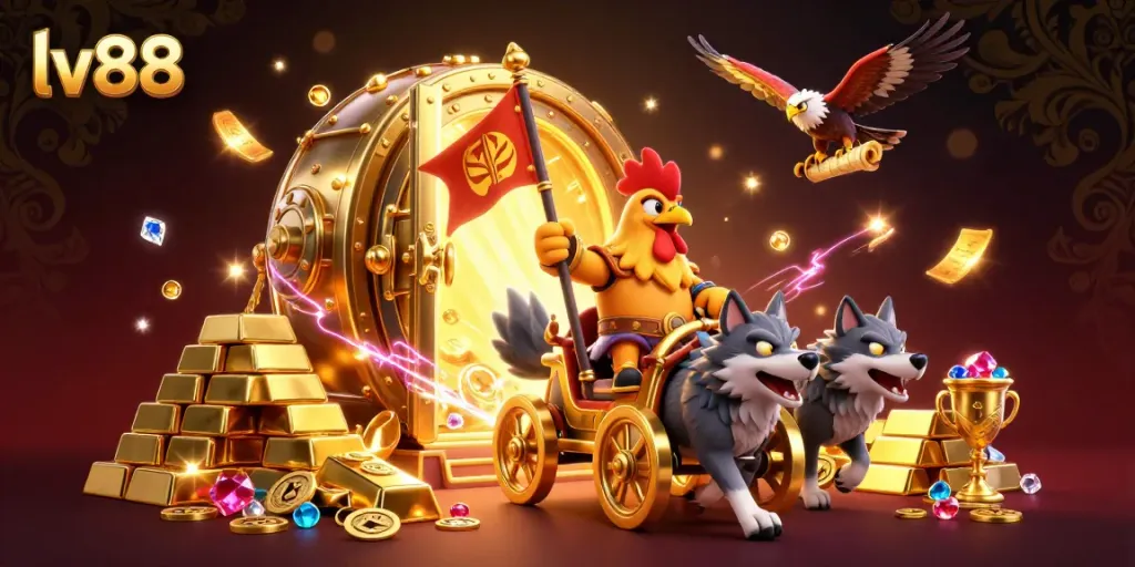 Engage in thrilling play with lv88's online casino games amidst a vibrant golden treasure scene.