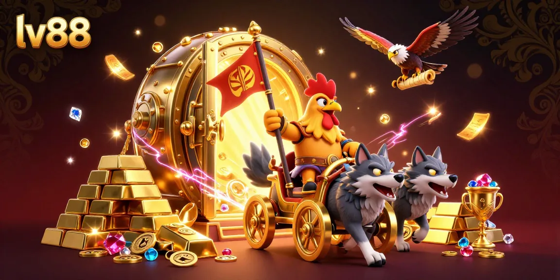 Engage in thrilling play with lv88's online casino games amidst a vibrant golden treasure scene.