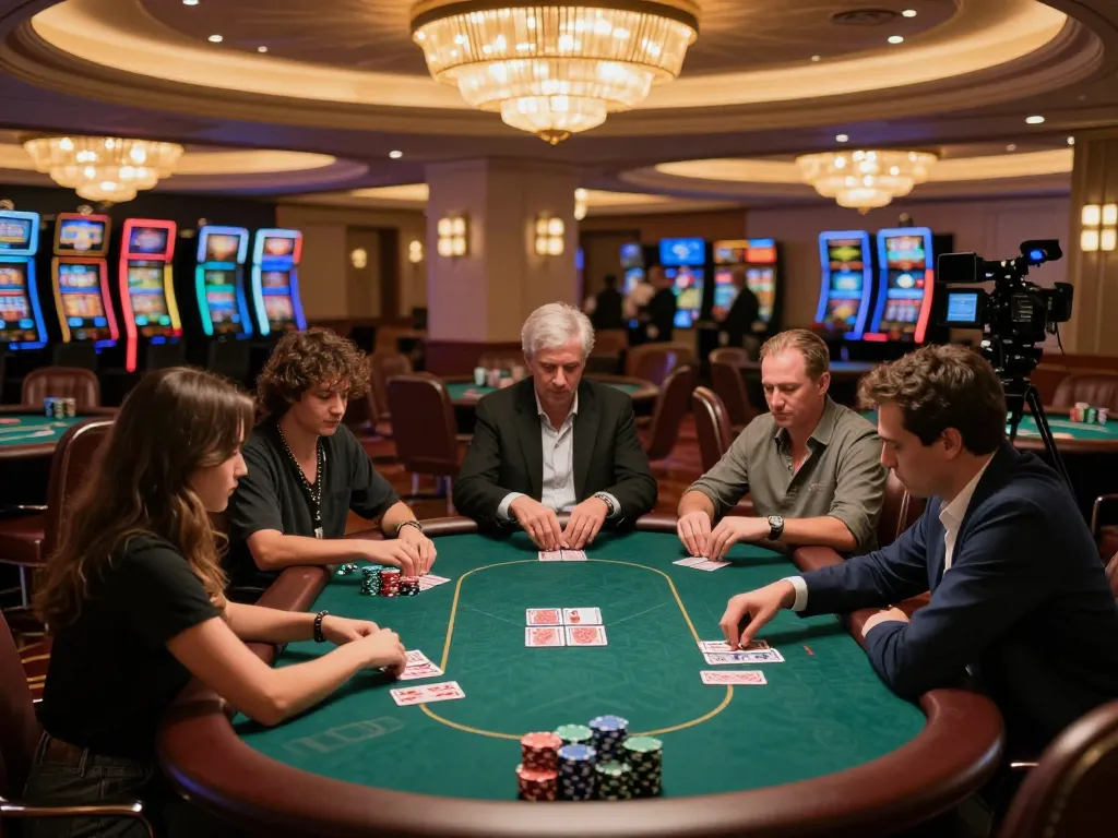 players in intense poker game at xx 88 casino with warm ambient lighting