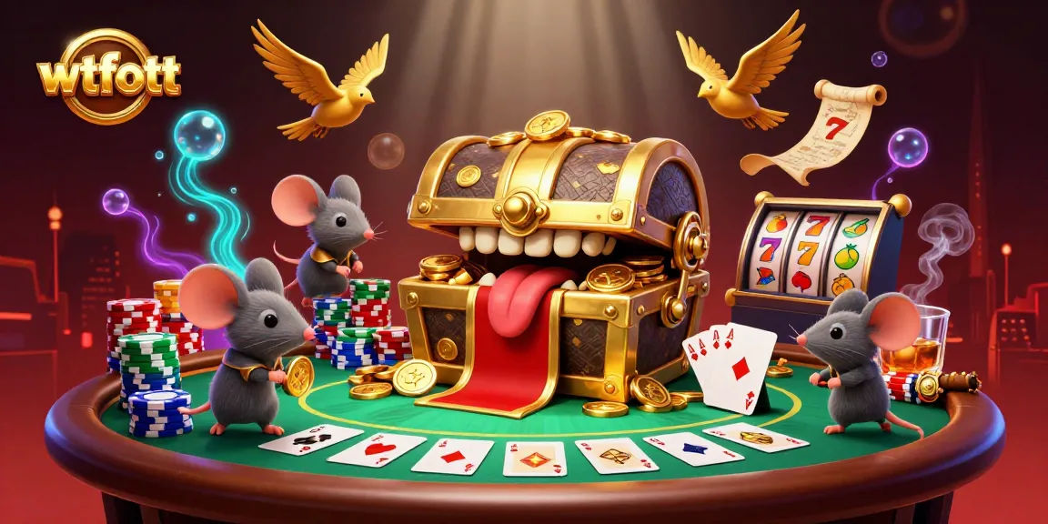 Experience the excitement of wtfott with a treasure chest scene full of slot symbols and poker elements.